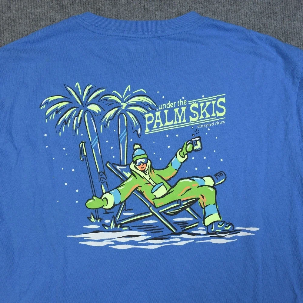 Vineyard Vines Shirt Mens Medium Blue Long Sleeve Palm Skis Retro Apres Skiing